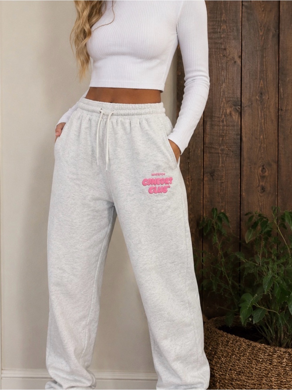 White Fox Boutique Comfort Club Light Gray Jogger Sweatpants with Pink Logo